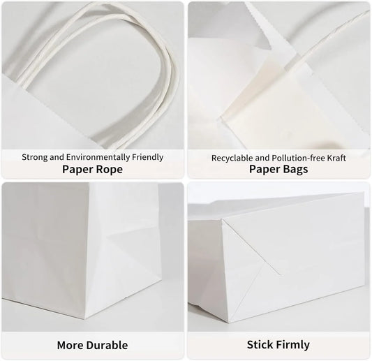 RACETOP 100 Pack White Kraft Paper Bags 5.8x3.2x8.25 Inch 150*80*210mm Small Gift Bags Handles Bulk Retail Shopping Bag