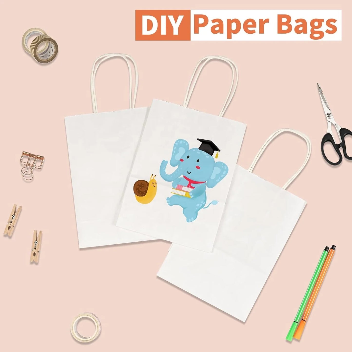 RACETOP 100 Pack White Kraft Paper Bags 5.8x3.2x8.25 Inch 150*80*210mm Small Gift Bags Handles Bulk Retail Shopping Bag