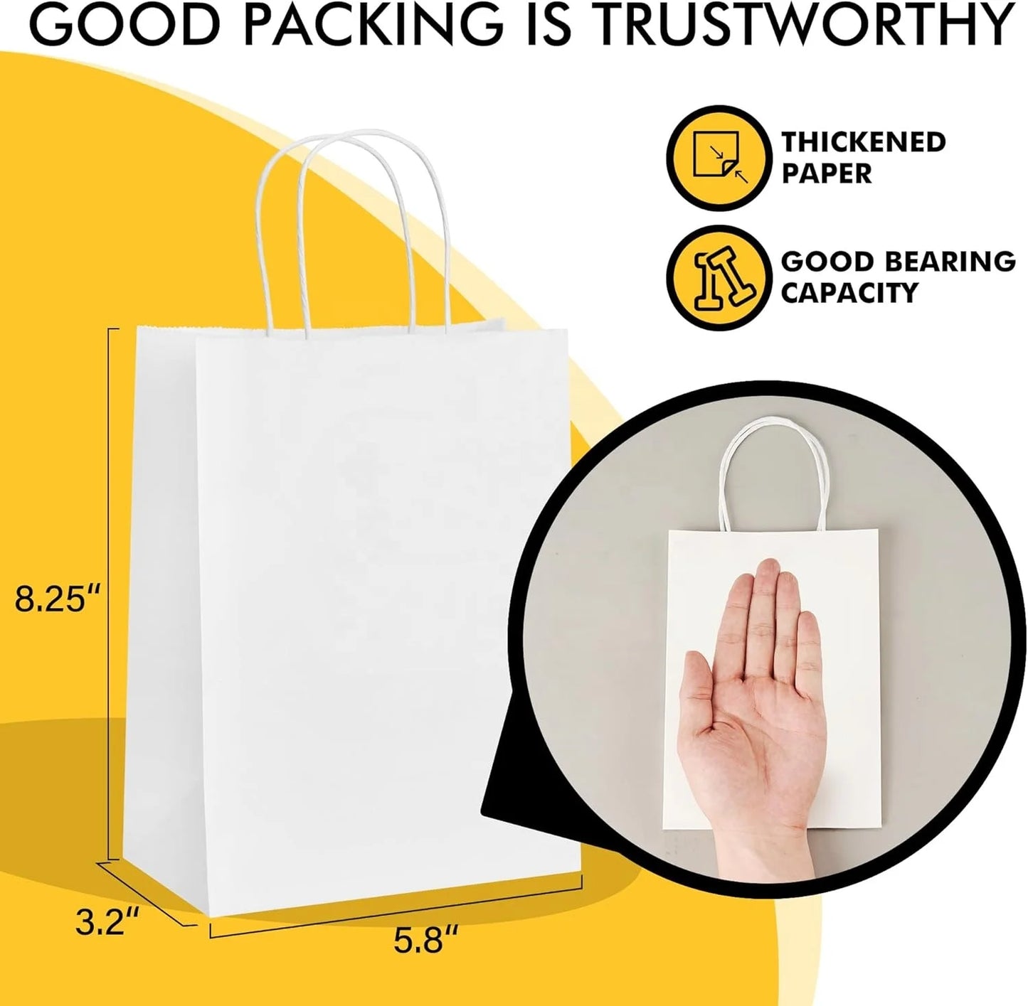 RACETOP 100 Pack White Kraft Paper Bags 5.8x3.2x8.25 Inch 150*80*210mm Small Gift Bags Handles Bulk Retail Shopping Bag