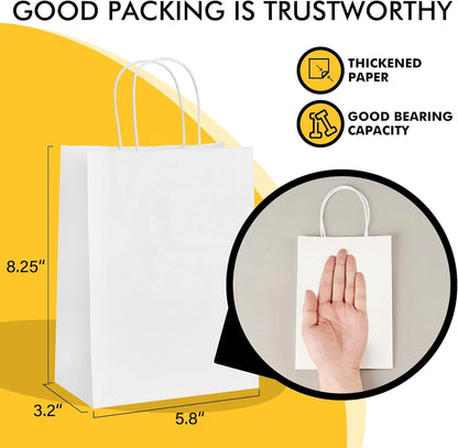 RACETOP 100 Pack White Kraft Paper Bags 5.8x3.2x8.25 Inch 150*80*210mm Small Gift Bags Handles Bulk Retail Shopping Bag
