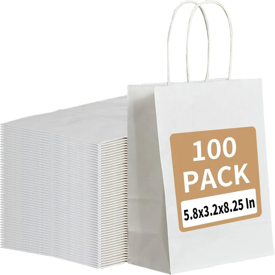 RACETOP 100 Pack White Kraft Paper Bags 5.8x3.2x8.25 Inch 150*80*210mm Small Gift Bags Handles Bulk Retail Shopping Bag